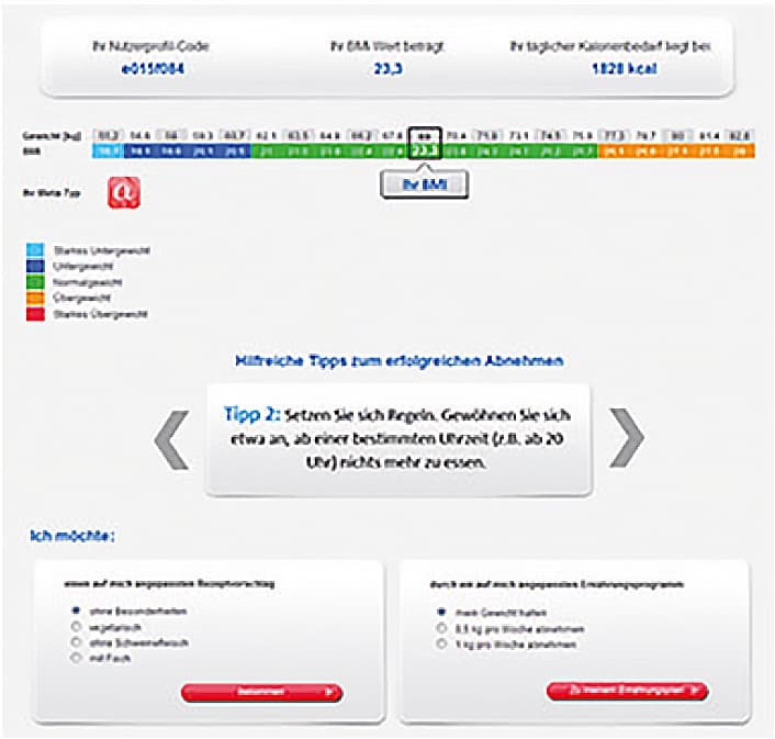 Screenshot aus dem MetaCheck Ernährungsportal: BMI-Rechner