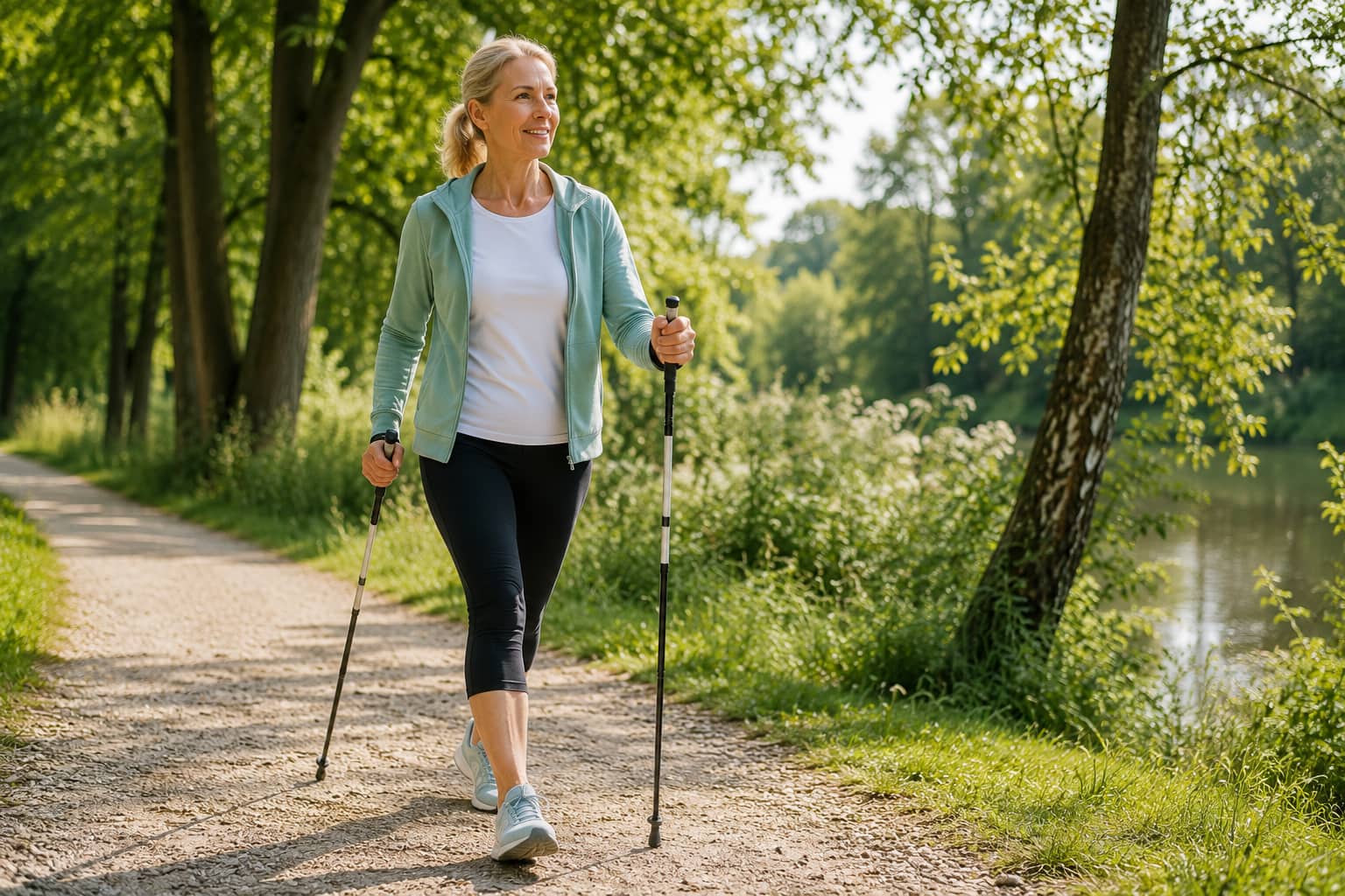 Frau beim Nordic Walking in der Natur zur Verbesserung von Ausdauer, Fitness und Herz-Kreislauf-Gesundheit