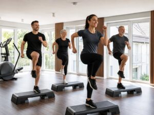 Teilnehmer eines Fitnesskurses absolvieren ein dynamisches Step-Training mit Knieheben.