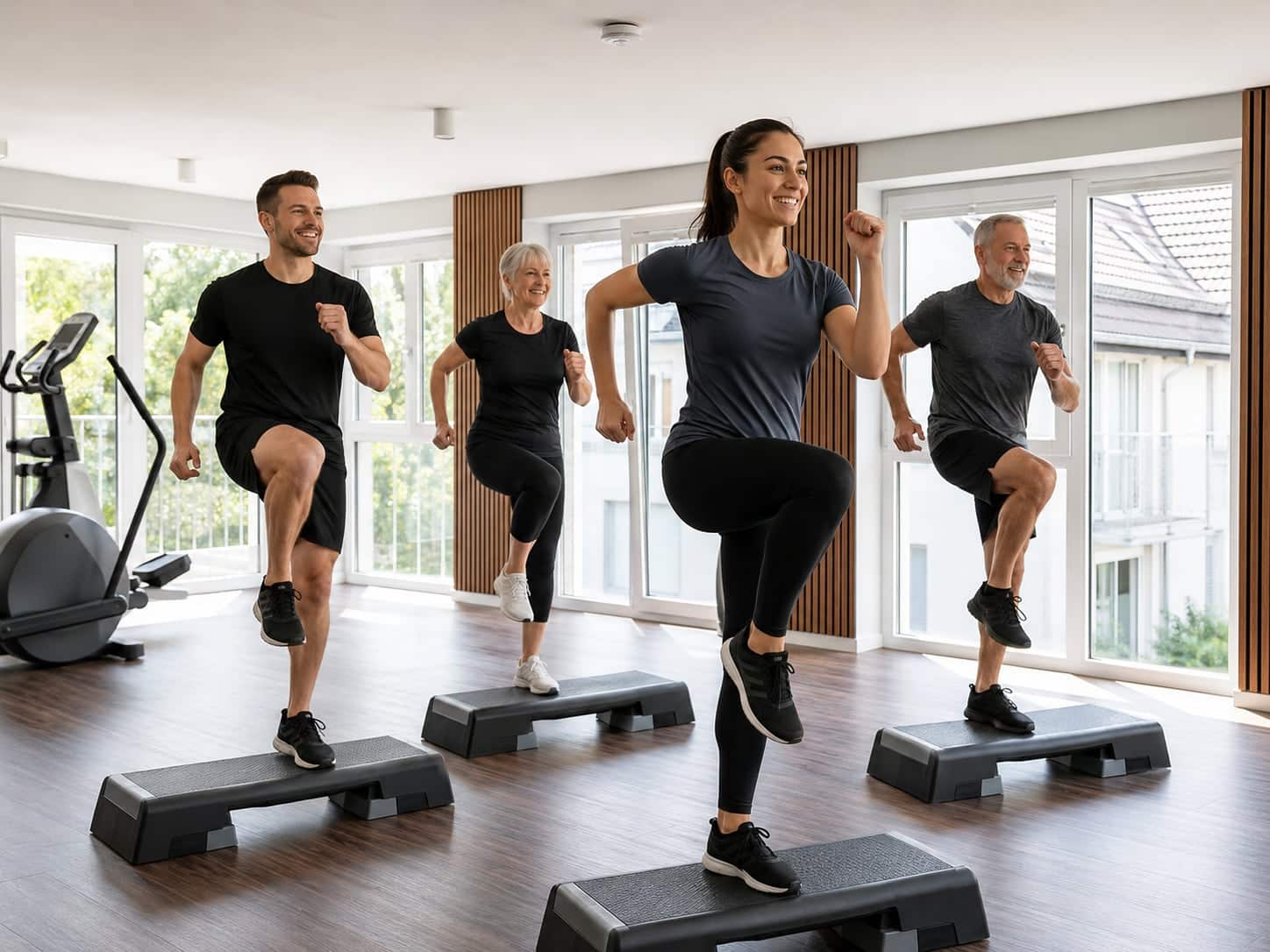 Teilnehmer eines Fitnesskurses absolvieren ein dynamisches Step-Training mit Knieheben.