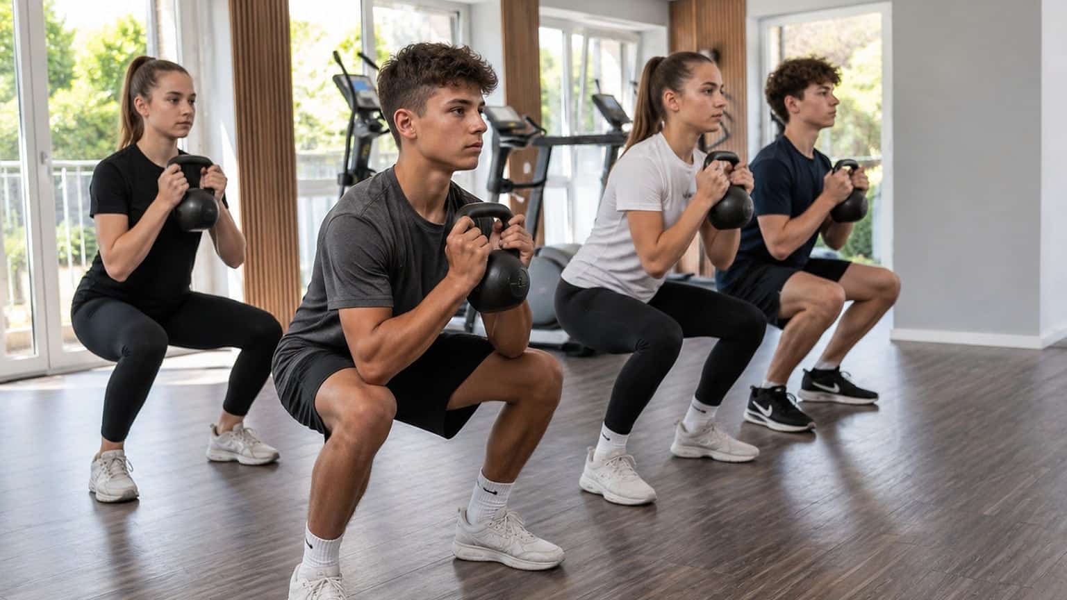 Jugendliche führen Kniebeugen mit Kettlebells im Gruppentraining aus.