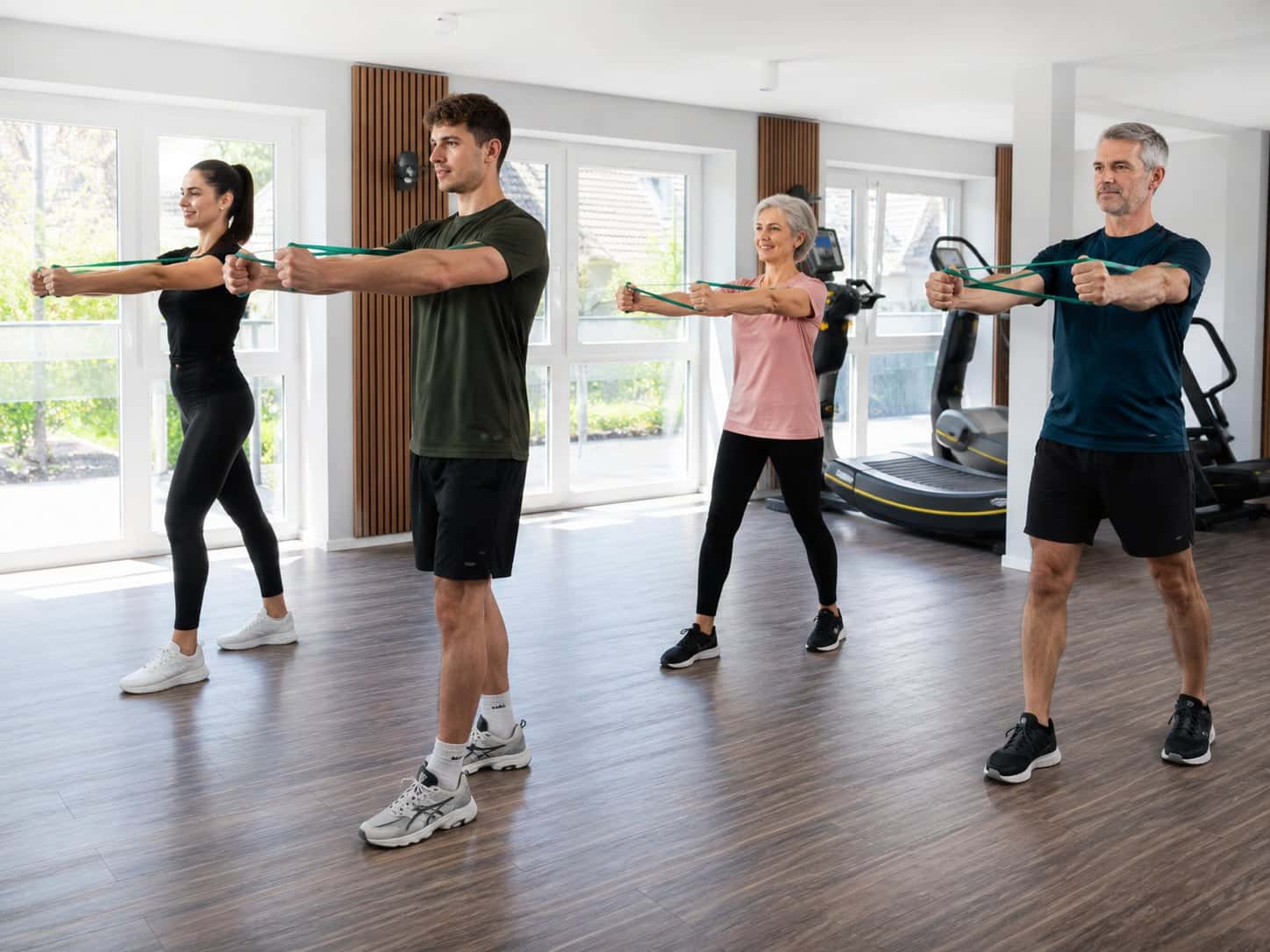 Erwachsene führen Übungen mit Fitnessbändern zur Kräftigung von Schultern und Oberkörper aus.