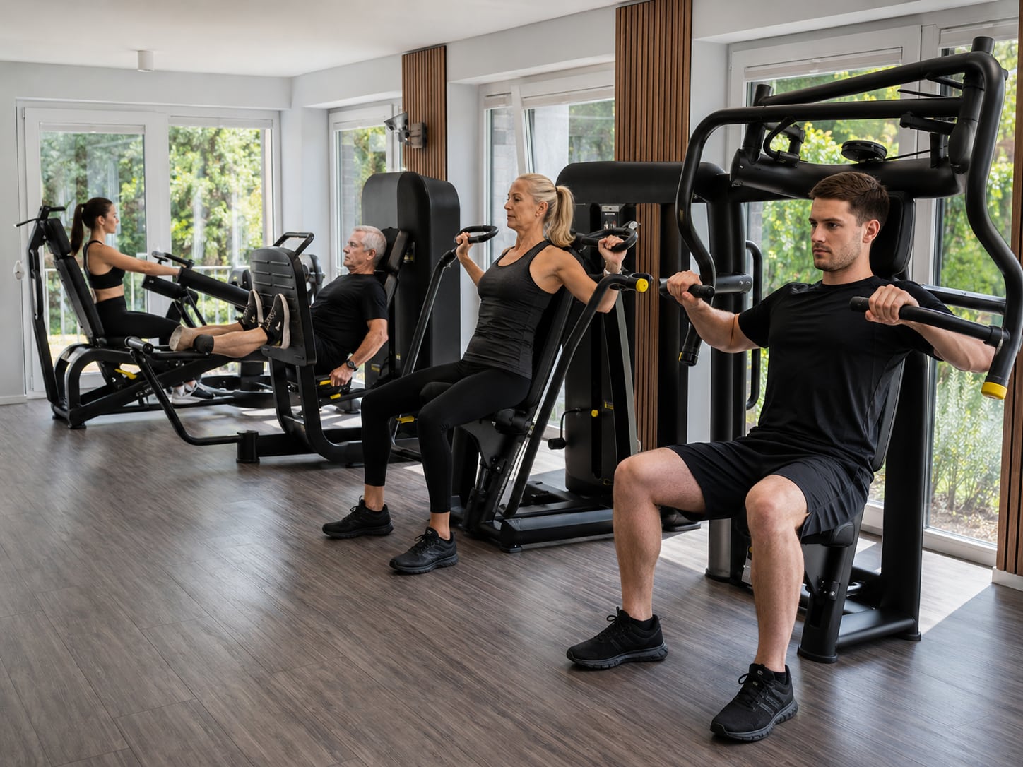 Teilnehmer trainieren an modernen Kraftgeräten in einem hellen Fitness- und Gesundheitsstudio.