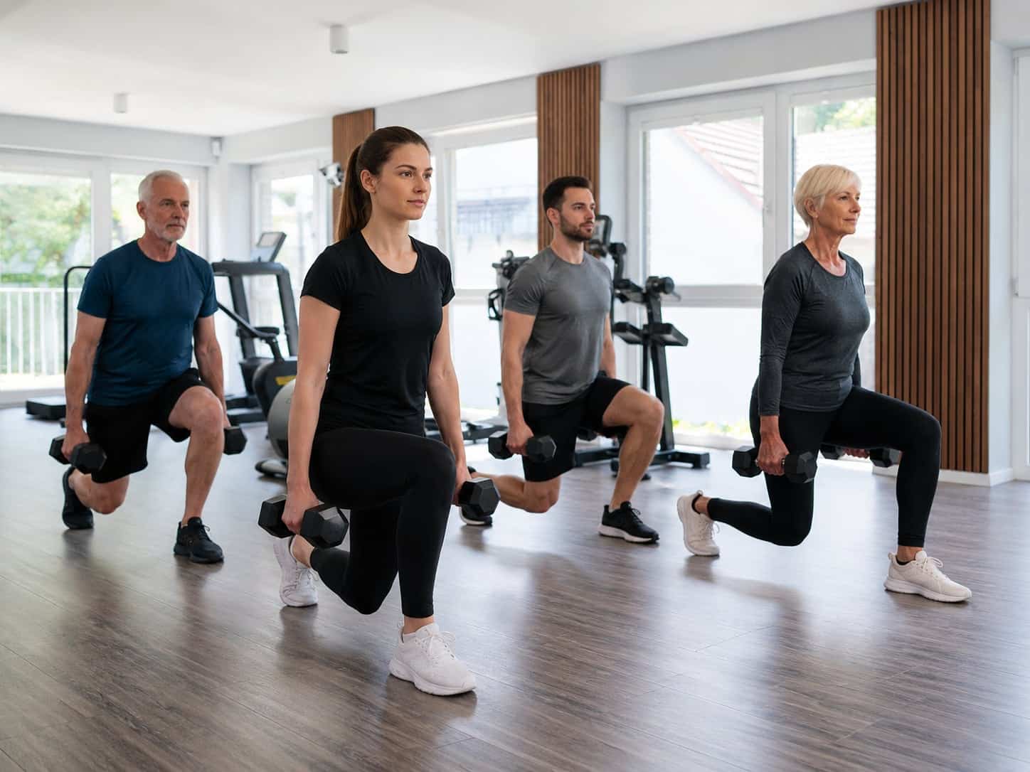 Kleingruppe beim Krafttraining mit Kurzhanteln zur Stärkung von Beinen und Rumpf.