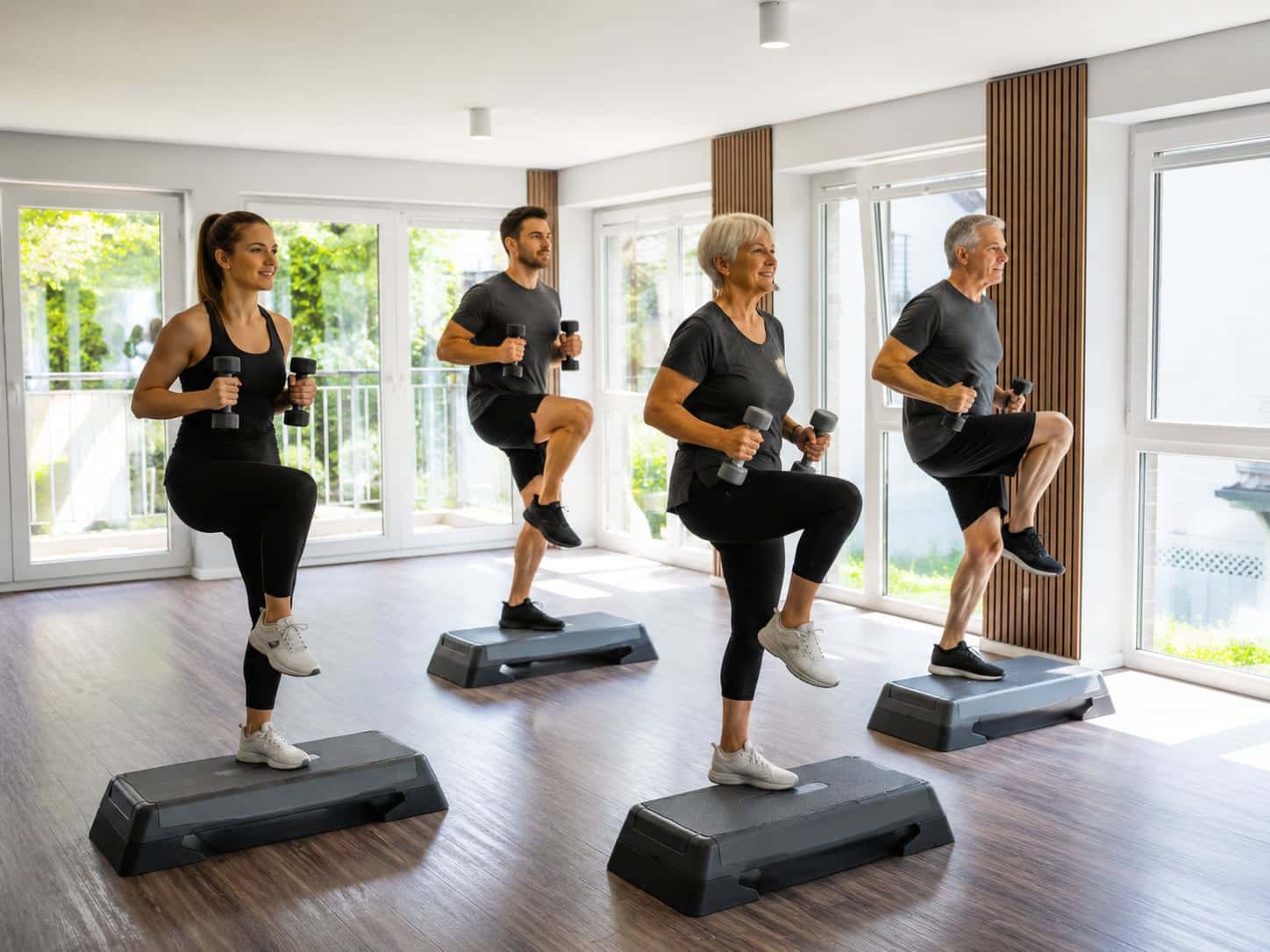 Teilnehmer absolvieren funktionelles Krafttraining mit Hanteln und Knieheben.