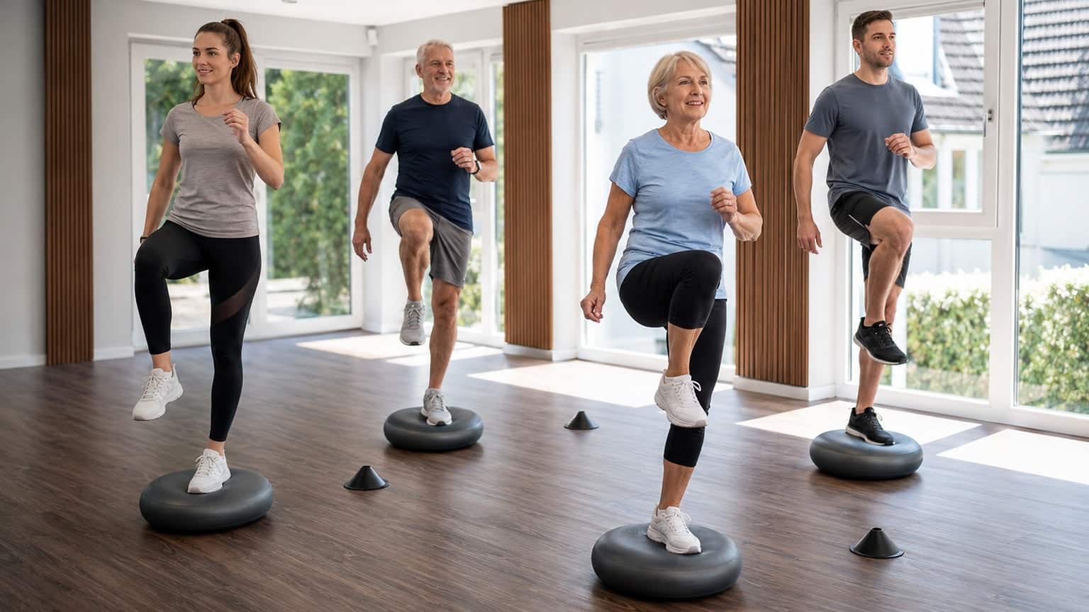 Gleichgewichtstraining auf Balancekissen zur Verbesserung von Stabilität und Koordination.