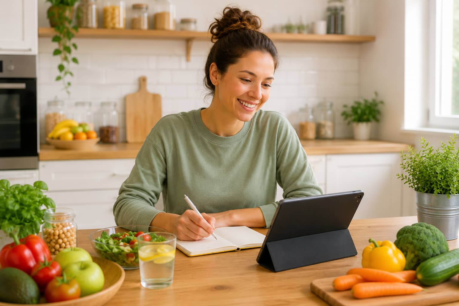 Frau plant gesunde Ernährung am Tablet mit frischem Obst und Gemüse für einen nachhaltigen gesunden Lebensstil