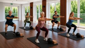 Teilnehmer trainieren gemeinsam in einem Online-Präventionskurs für mehr Fitness, Gesundheit und Beweglichkeit