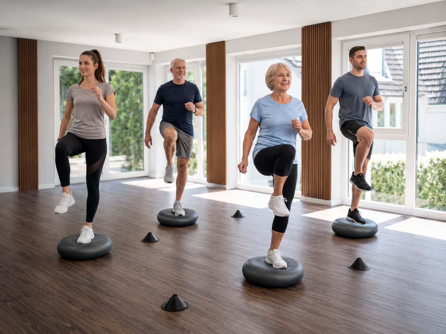 Gruppe beim Gleichgewichtstraining auf Balanceplattformen zur Förderung der Standfestigkeit.