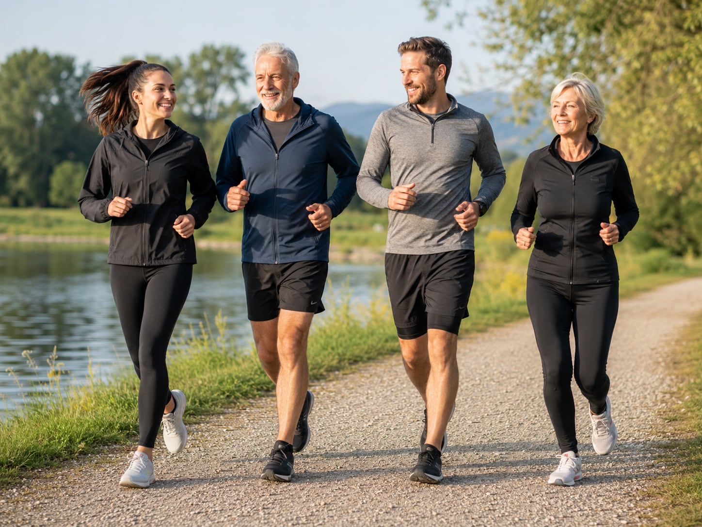 Walking-Gruppe trainiert gemeinsam auf einem Weg entlang eines Gewässers.