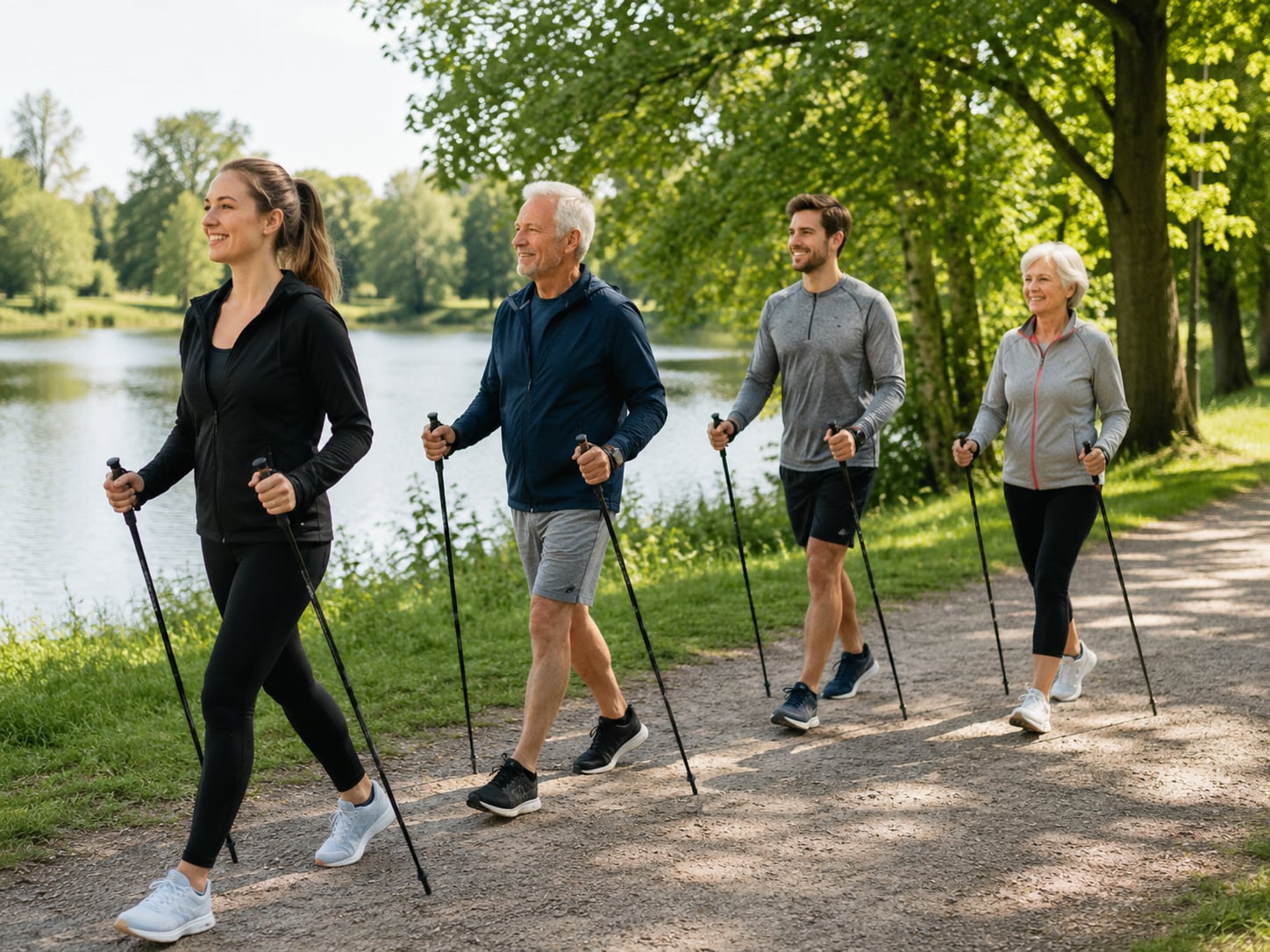 Gesundheitsorientiertes Walking in der Gruppe auf einem Naturweg am See.