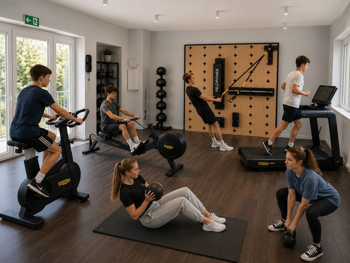 Jugendliche trainieren an Kraft- und Ausdauergeräten im Trainingsraum